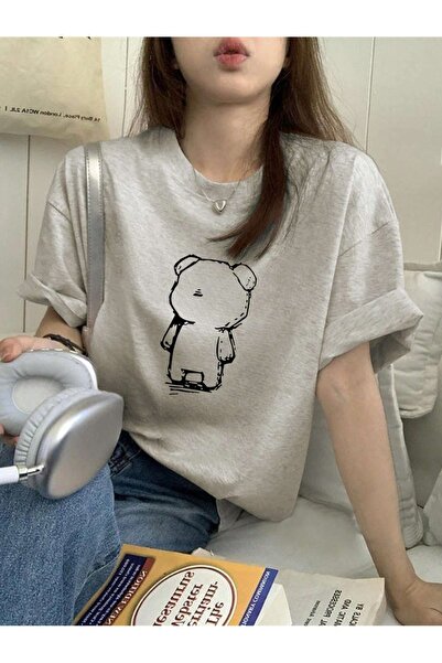 over head oh Medved Štampano Siva Oversize kroj Ženka T-shirt