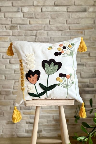 SWITA Single Punch Embroidered Flower Pattern Tasseled Throw Pillow Cover