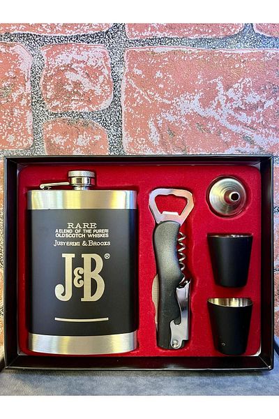 doğan hediyelik J&B STAINLESS STEEL 8 OZ (236 ML) MULTIFUNCTIONAL TIRBUSHONED WHISKY VOTCA LIQUOR COGNAC FLASK SET