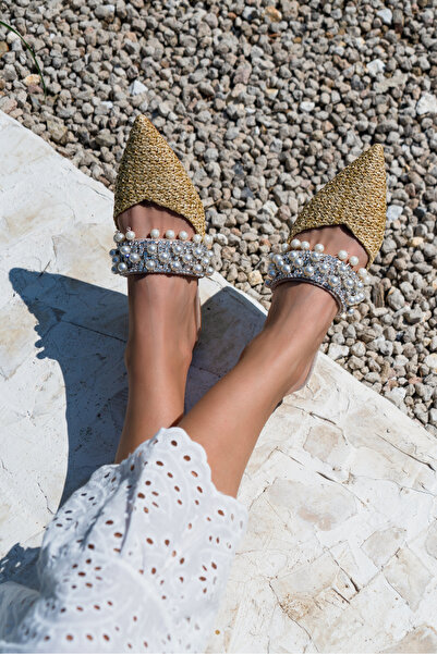NİŞANTAŞI SHOES Beige Fomax Straw Women's Heeled Slippers - Pearl Detailed