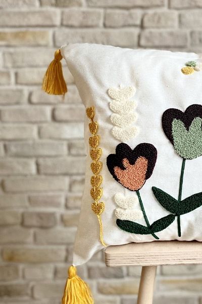SWITA Single Punch Embroidered Flower Pattern Tasseled Throw Pillow Cover