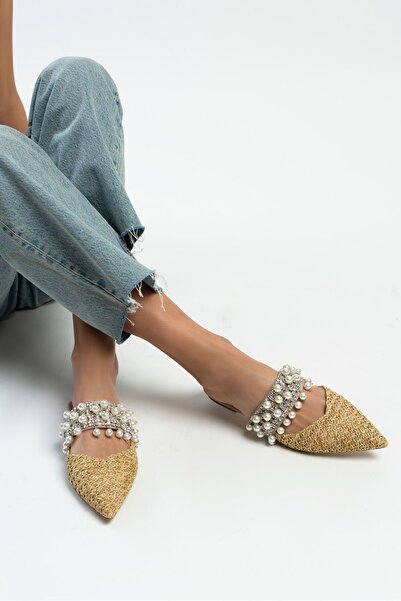 NİŞANTAŞI SHOES Beige Fomax Straw Women's Heeled Slippers - Pearl Detailed