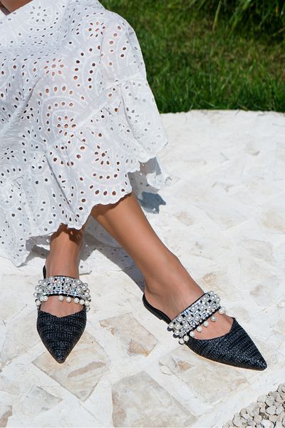NİŞANTAŞI SHOES Γυναικείες παντόφλες με τακούνι Fomax Black Straw Pearl Detail
