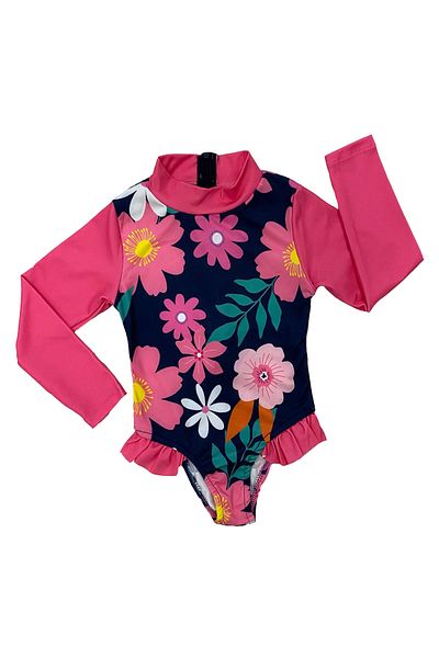TUOBEBE Floral Printed Girl's Swimsuit - Zippered, Long Sleeve, Sunscreen and Ruffled