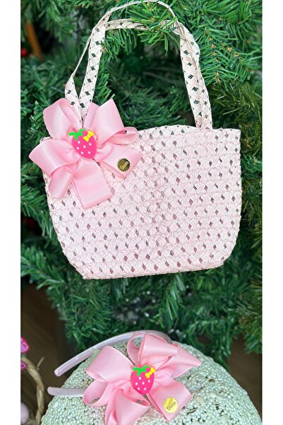 QUEEN AKSESUAR Pink Luxury Straw Bag - Children's Set with Bow and Fruit Figures
