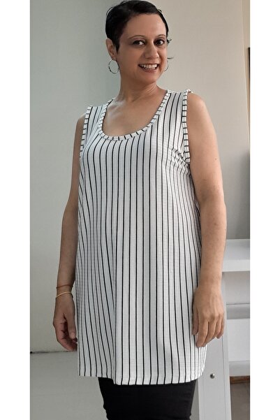 Mertcan Butik Thick Strap White Black Striped Viscose T-Shirt