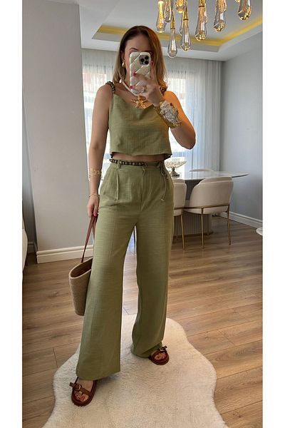 buqre's moda Linen V-Neck - Bead Detailed Strappy Crop Blouse and Trousers Set