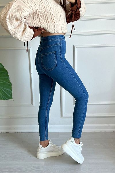 Harmony Pantaloni skinny cu talie înaltă albastră, cu buzunare în față, din lycra