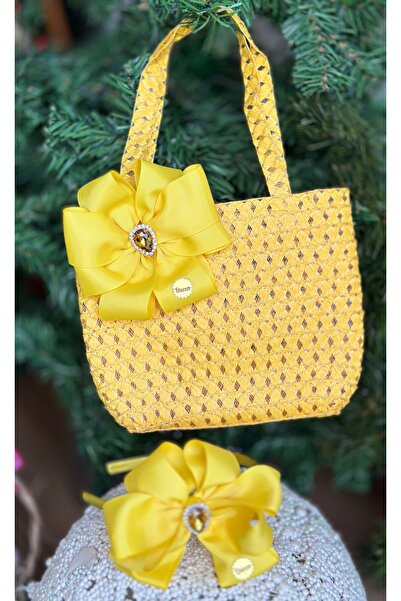 QUEEN AKSESUAR Luxury Straw Bag - Special Design, Bow Detail, Crown Crystal Stone, Yellow Children's Set
