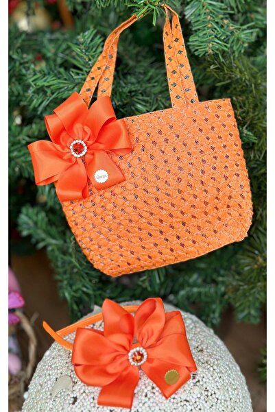QUEEN AKSESUAR Luxury Straw Bag - Special Design, Orange Kids Set with Bow Detail and Crown Crystal Stone