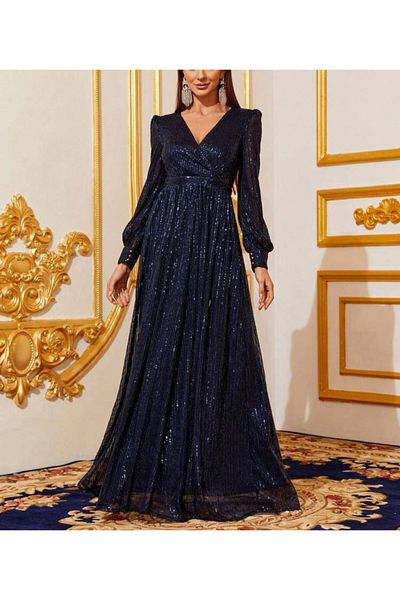 Styling Park V-Neck Sequined Long Maxi Evening Dress