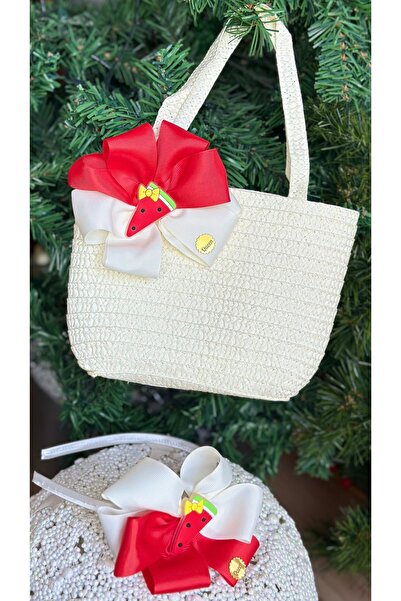 QUEEN AKSESUAR Luxury Straw Bag - Special Design, Bow, Crown Watermelon and Fruit Ornament, Red and White Children's Set