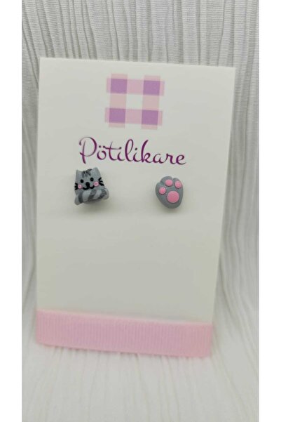 PÖTİLİKARE Polymer Clay Earrings - Cat and Paw Figure