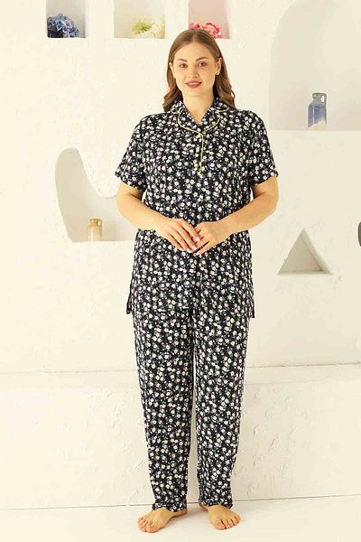 Freeista Black Oversize Daisy Patterned Short Sleeve Pajama Set