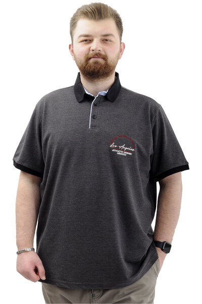 ModeXL Men's T-Shirt - Plus Size, Polo Collar, Embroidered, LOS ANGELES U24331 Anthracite