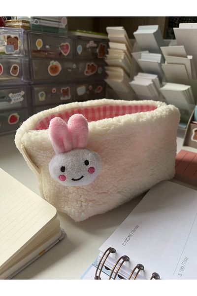 sumicorn Pink Rabbit Plush Washable Zippered Gingham Lined Cloth Pen Holder Pencil Case Makeup Bag