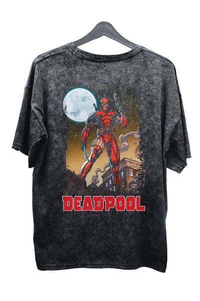 Fuddy Moda Unisex V2 Deadpool Baskılı Yıkamalı Tişört, Oversize Marvel Comics Baskılı Retro T-Shirt