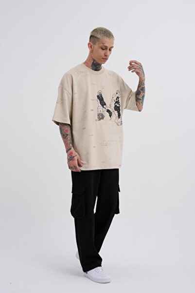 Machinist Ανδρικό μπλουζάκι Oversize ανοιχτό μπεζ - Εκτυπωμένο χάρτη