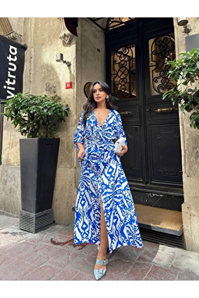 nooa fashion Uzun yırtmaçlı viskon elbise