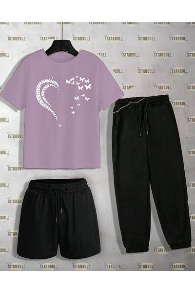 aynewmoda Heart Printed Butterfly T-shirt and Sweatpants Set