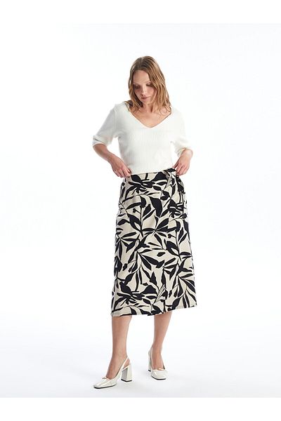 LC Waikiki Floral Λινό Μικτή Γυναικεία Φούστα με Ελαστική Μέση