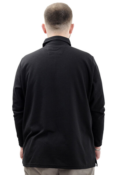 ModeXL Men's Polo Neck Sweatshirt - Long Sleeve, WAFFLE 23449 Black, Plus Size