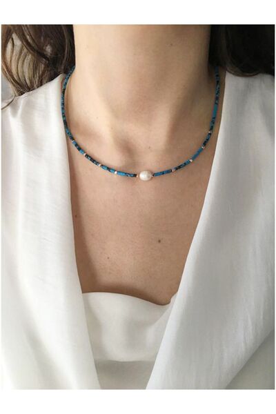 Serline Desing قلادة بتصميم من الحجر الطبيعي باللؤلؤ الحقيقي مع خرز أفغاني أر...