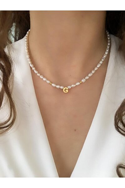Serline Desing Kadın 925 Ayar Gümüş Patentli Gold Rengi Harfli Gerçek Arpa Inci Kolye