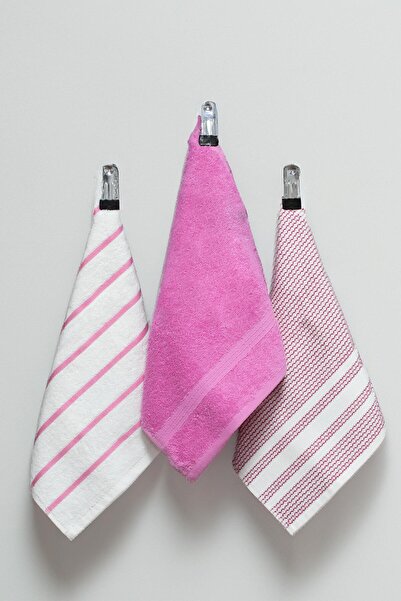 Class 30x50 %100 Pamuklu 3lü Mutfak Havlusu Pembe Çizgili / Pembe / Pembe Pet...