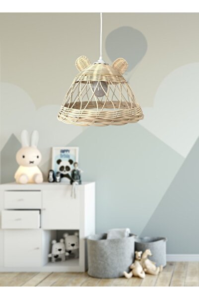Bilge Bohem Rattan Bambu Hasır Çocuk Odası Avize Bol Işıklı Ayıcık Kulak