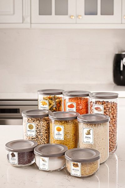LAV Duo 3 Sizes 9 Pieces Glass Storage Container Jar Set with Leak Proof Lid and Label