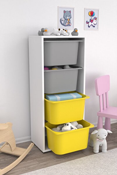 Pratico Cara 4 Derin Sepetli Çok Amaçlı Oyuncak Dolabı Mutfak Kiler Dolabı Sarı Gri