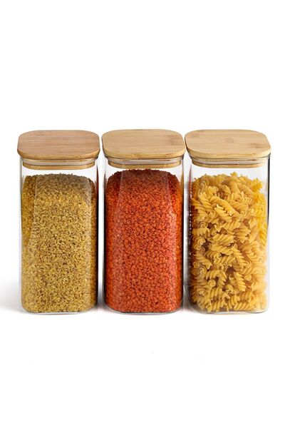 Karçiçeği Home Set of 3 Luxury Vacuum Jars with 1500 ml Bamboo Lid