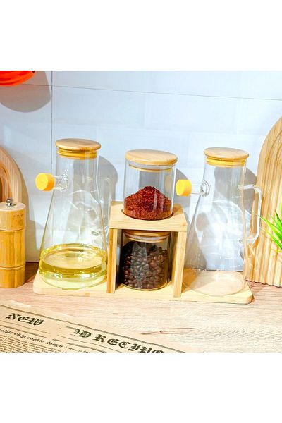 Karçiçeği Home Luxury Oil Pot with Bamboo Stand, Spice Bowl Set