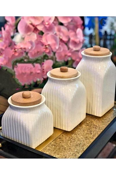 Karçiçeği Home Porcelain Bamboo Lid 3 Size Tea and Coffee Candy Jar Set - Dowry Set with Label Gift