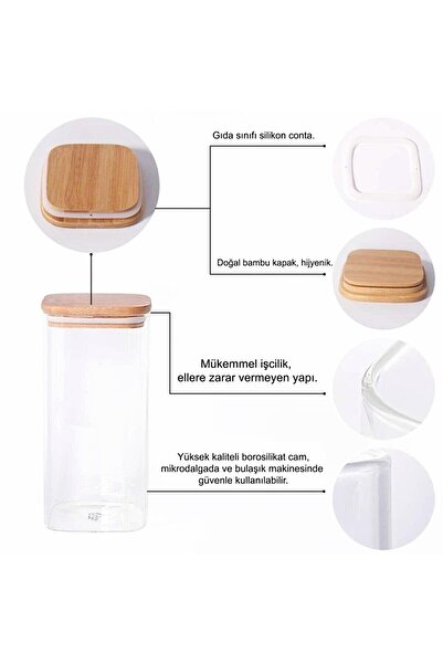 Karçiçeği Home 3’lü Bambu Kapaklı Lüx Kare Kavanoz 1800ml