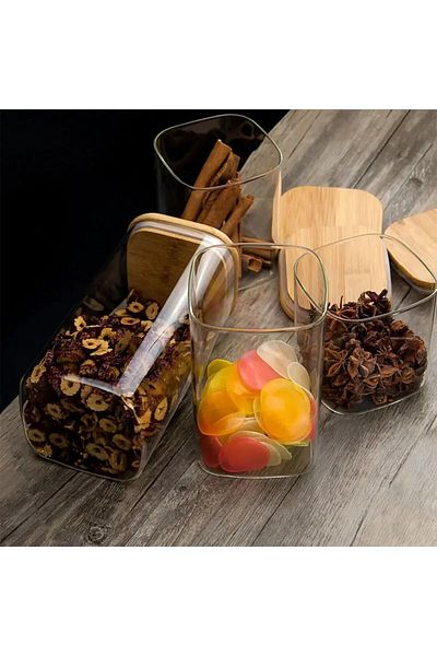 Karçiçeği Home Bamboo Square Vacuum Lid Borosilicate Glass Jar Food Storage Container Set of 4