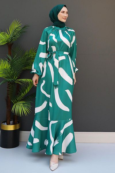 GİZ AGİYİM Dark Green Brush Patterned Dress
