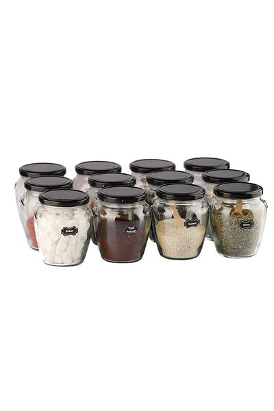 Karçiçeği Home 12 Pack Black Lid 580 Cc Glass Jar - With Spoon And Label