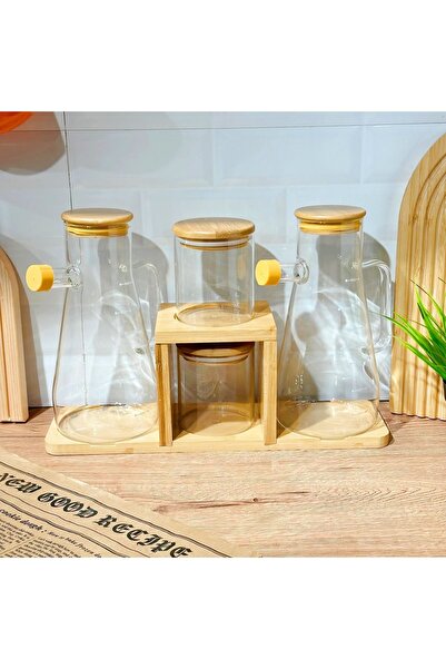 Karçiçeği Home Luxury Oil Pot with Bamboo Stand, Spice Bowl Set