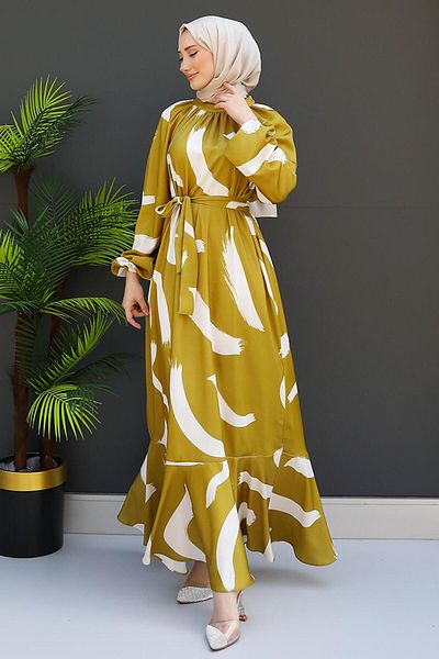 GİZ AGİYİM Oil Green Brush Patterned Dress