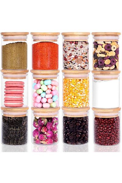 Karçiçeği Home Set of 12 200 ml Jar Borosilicate Glass Storage Container Bamboo Vacuum Lid Spice Jar Snack Bowl