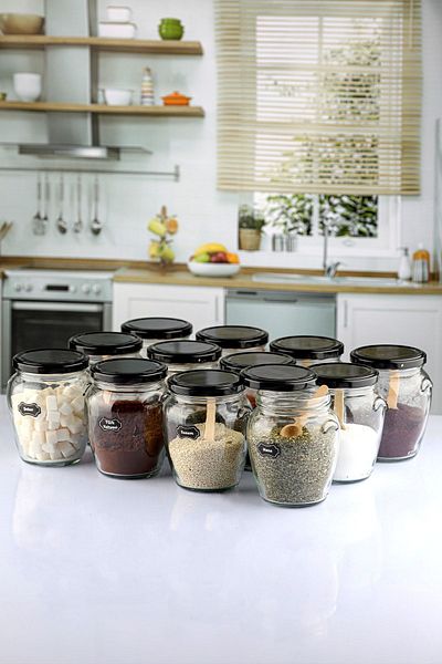 Karçiçeği Home 12 Pack Black Lid 580 Cc Glass Jar - With Spoon And Label