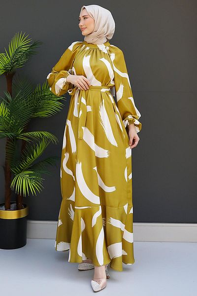 GİZ AGİYİM Oil Green Brush Patterned Dress