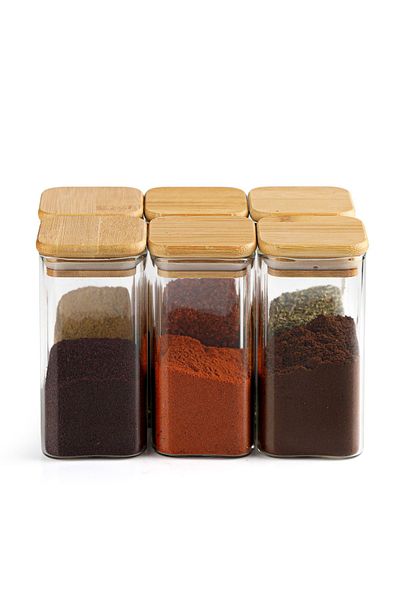 Karçiçeği Home Set of 6 400 ml Square Glass Spice Jars with Bamboo Lids and Dragee Jars