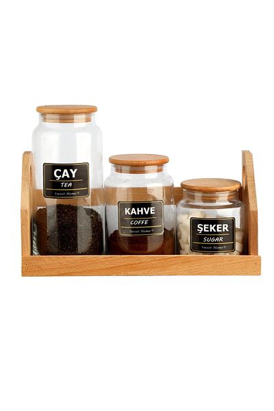 Karçiçeği Home Tea, Coffee and Sugar Glass Jar Set- Vacuum Wooden Cover & Stand & Label -