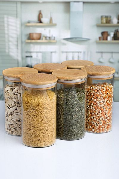 Karçiçeği Home 6-Piece 1000ml Vacuum Bamboo Lid Borosilicate Luxury Glass Jar Set