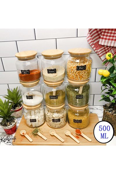 Karçiçeği Home 9-Piece Bamboo Spice Jar Set with 500ml Spoon + Label