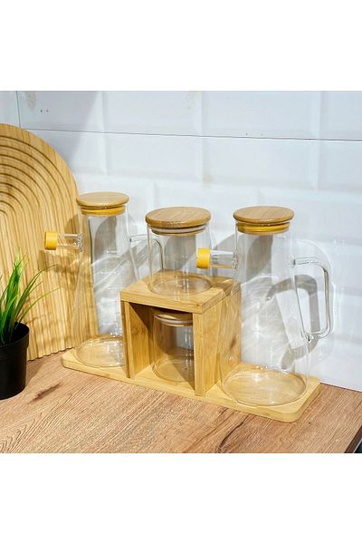 Karçiçeği Home Luxury Oil Pot with Bamboo Stand, Spice Bowl Set