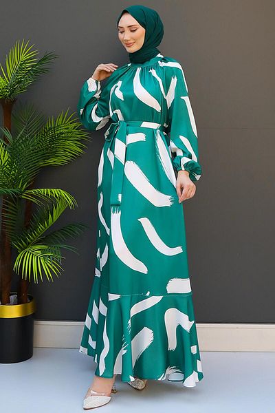 GİZ AGİYİM Dark Green Brush Patterned Dress